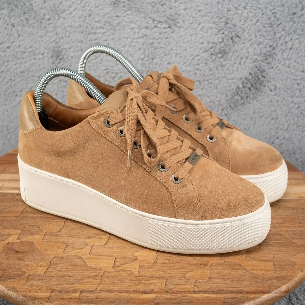 JSLIDES TAN SUEDE PLATFORM SNEAKERS SIZE 7.5
